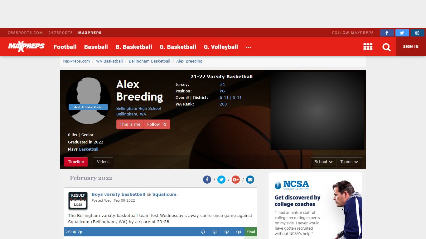 Alex Breeding | Bellingham HS, Bellingham, WA | MaxPreps